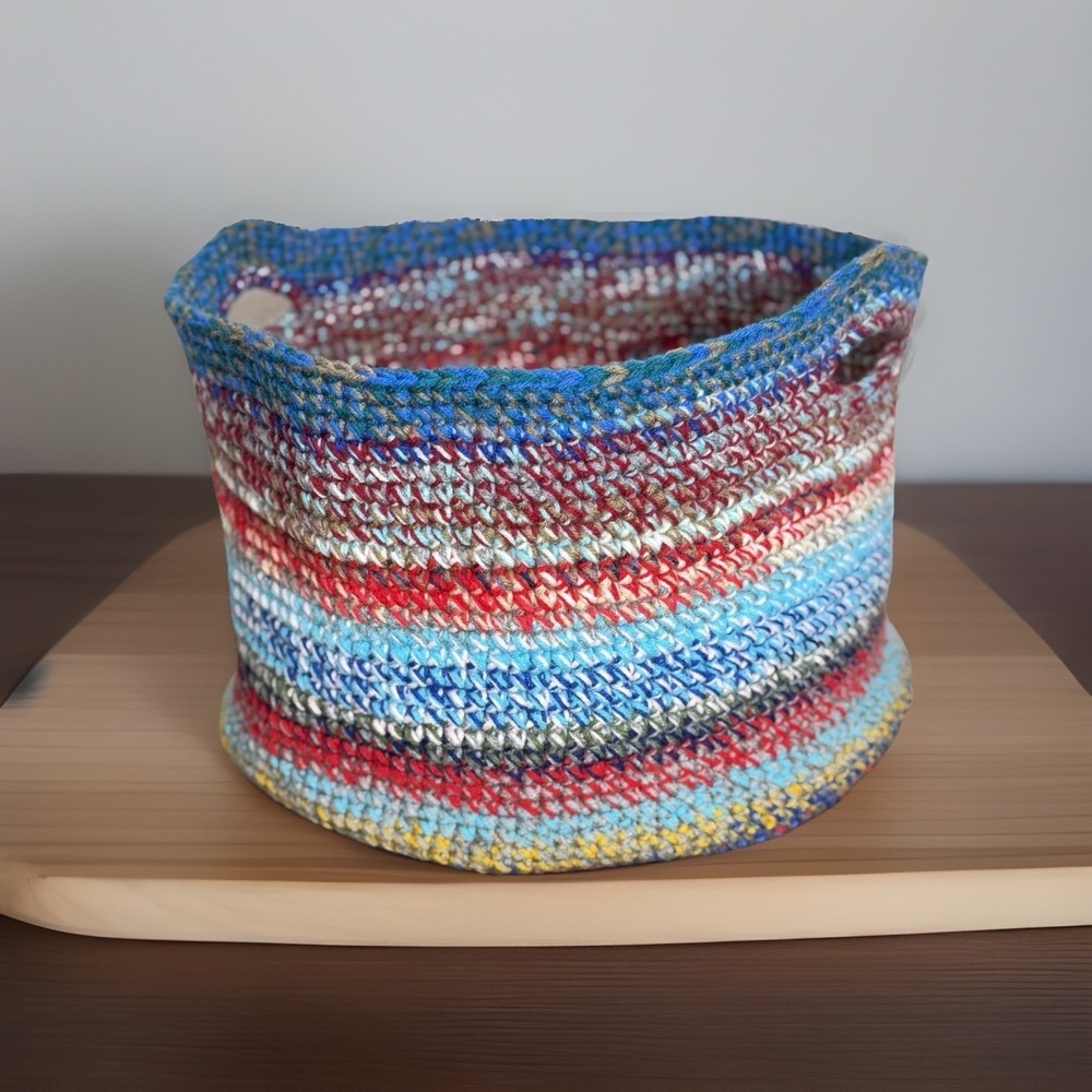 Multi Color Earthy Tones Blue Red Hand Crocheted Large Storage Basket W/ Handles